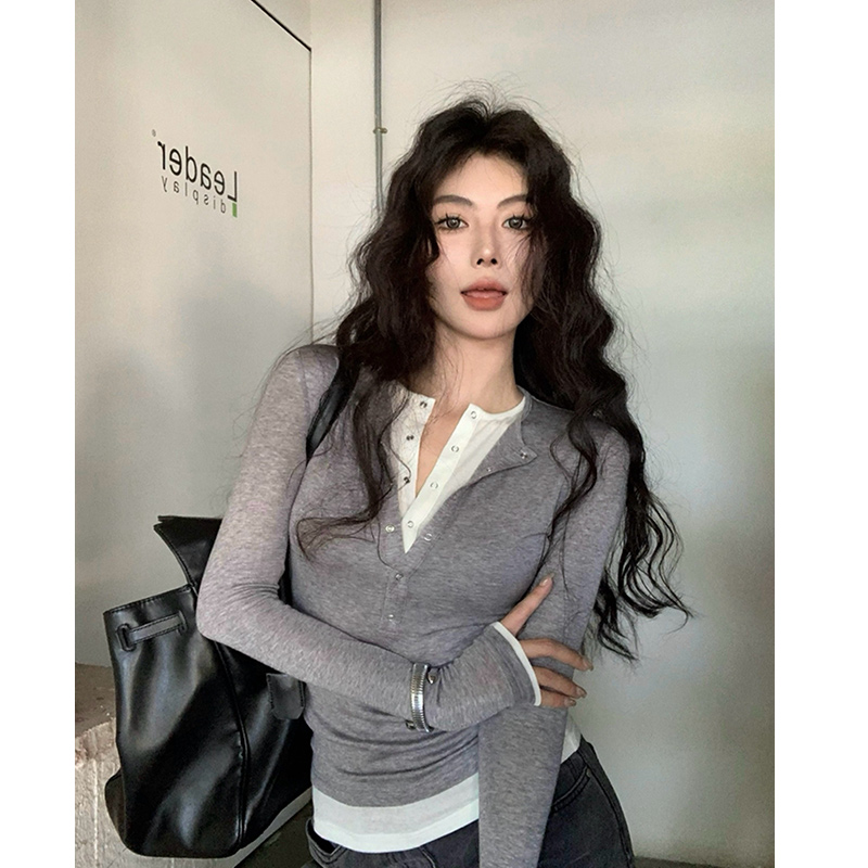 灰色纯欲假两件长袖t恤打底衫女内搭2025新款春秋休闲修身上衣服