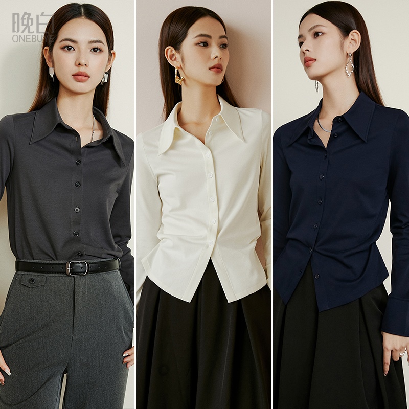 晚白欧若风早春内搭叠穿棉衬衫亲肤打底翻领长袖衬衫女24101005