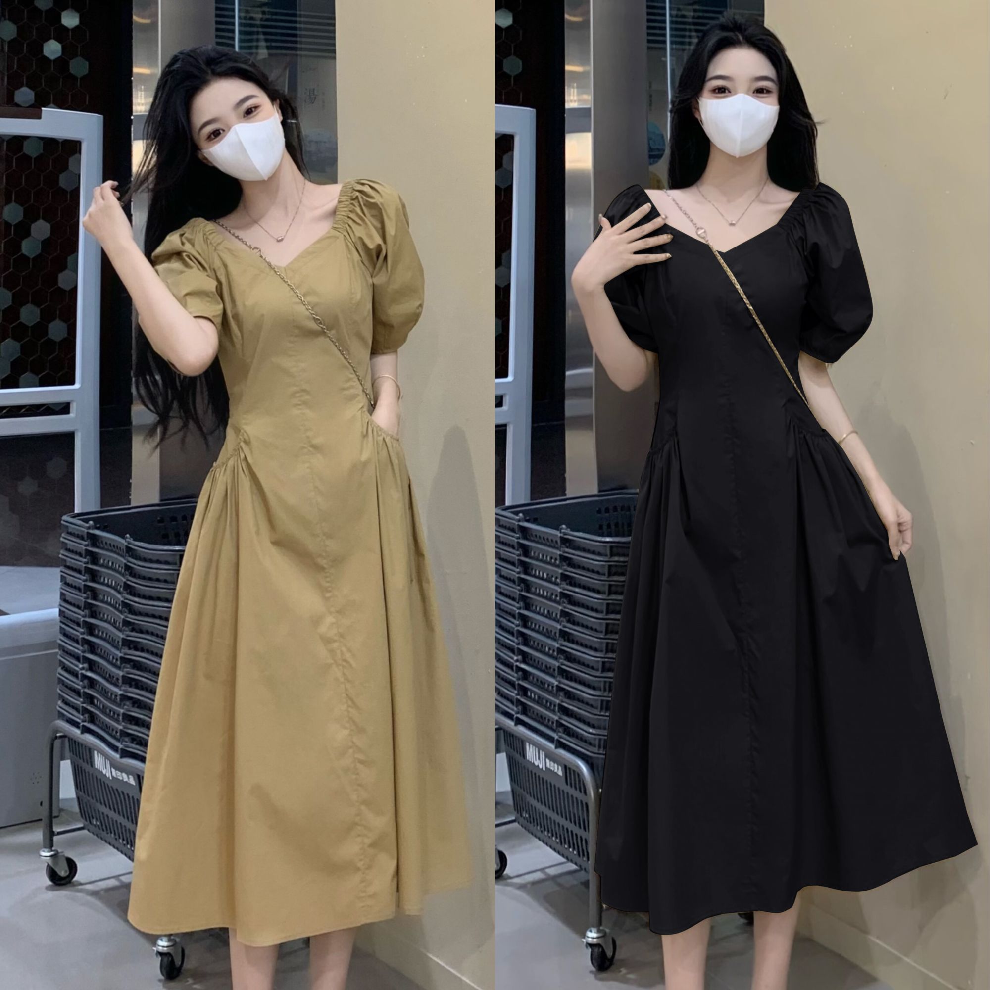 大码法式V领泡泡袖短袖连衣裙女夏季胖mm收腰简约显瘦高级感1503