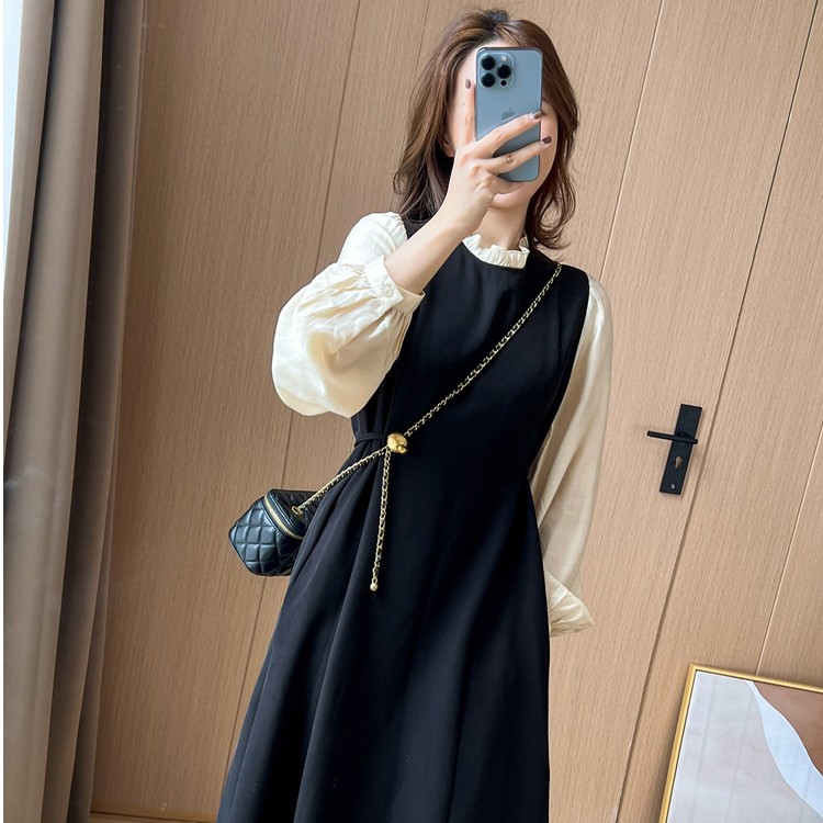 胖妹妹复古黑色假两件长袖连衣裙女秋冬法式遮肉显瘦打底裙子1369