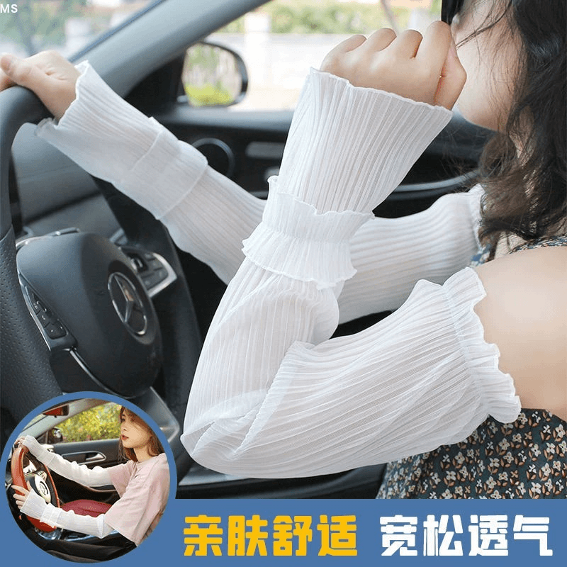 【荷叶边冰袖】防晒袖套女加长蕾丝网纱薄款冰袖开车宽松手臂套F8