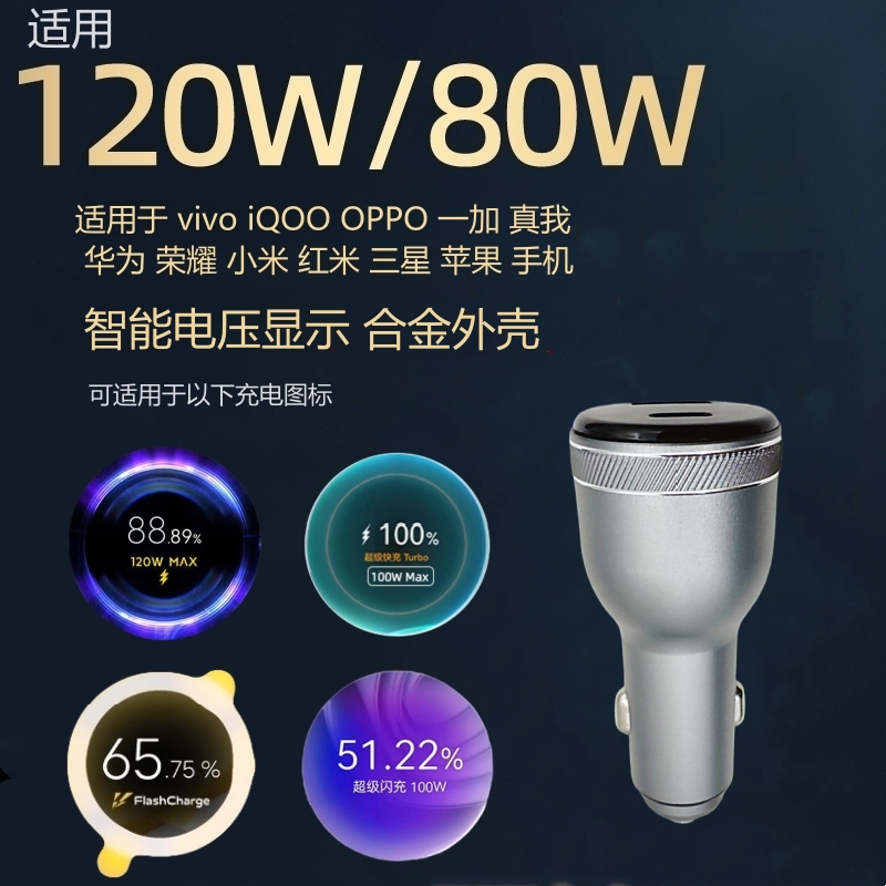 全协议120W超级快充车载充电器适用小米vivoiQOO100WOPPO华为荣耀