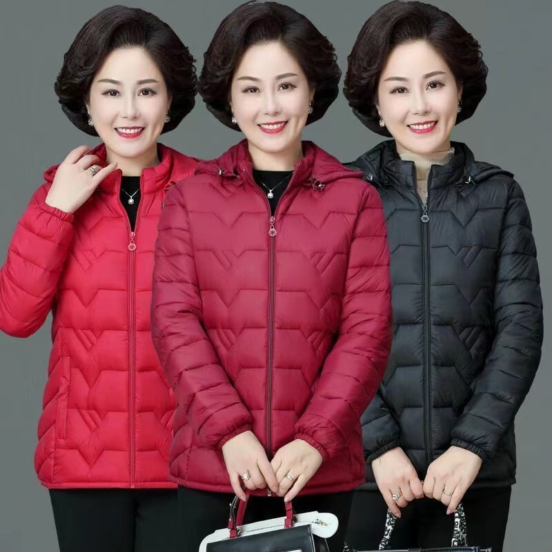 冬季连帽羽丝棉服女秋冬超轻妈妈棉衣中老年女装洋气冬装棉袄