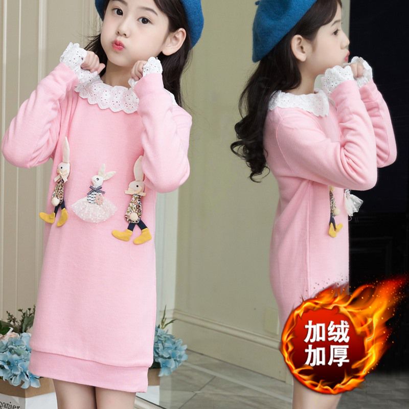 女童卫衣中长款2023秋冬新款加绒加厚儿童打底衫洋气上衣连衣裙潮