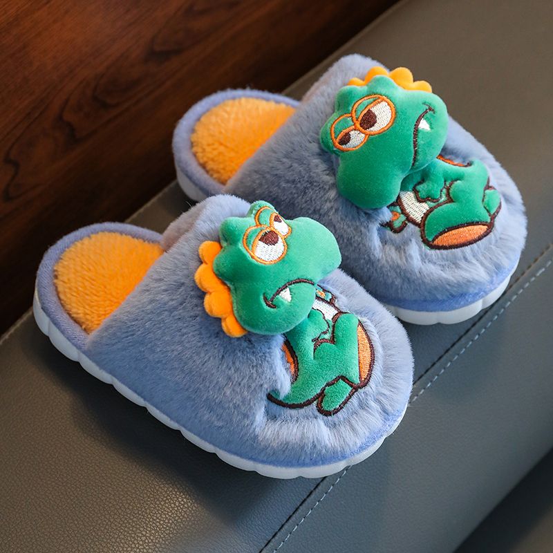 儿童棉拖鞋男女中小宝宝居家加绒加厚防滑软底卡通网红恐龙地板拖