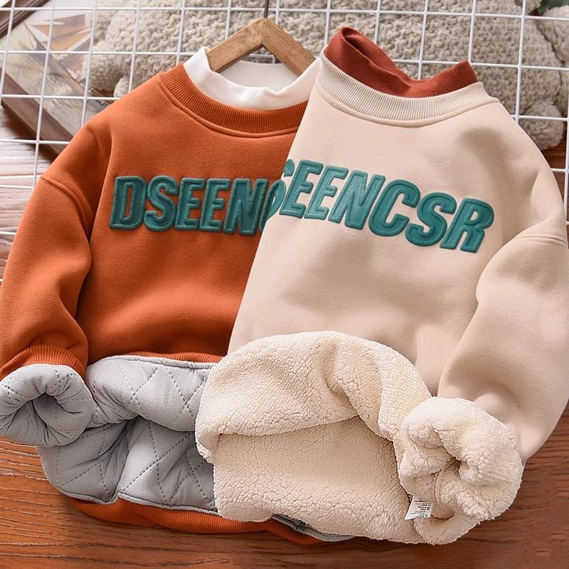 儿童加绒卫衣冬季2023新款中大童夹棉加厚男童儿童装假两件长袖潮