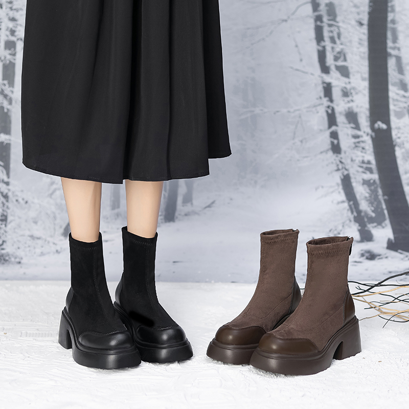 厚底粗跟马丁靴女2024秋季新款瘦瘦靴百搭时装增高显瘦弹力短筒靴