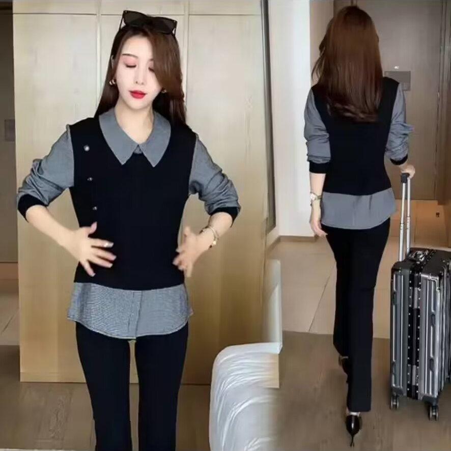 9126AA早秋新款格子时尚假两件套上衣显瘦女小衫长袖百搭拼接