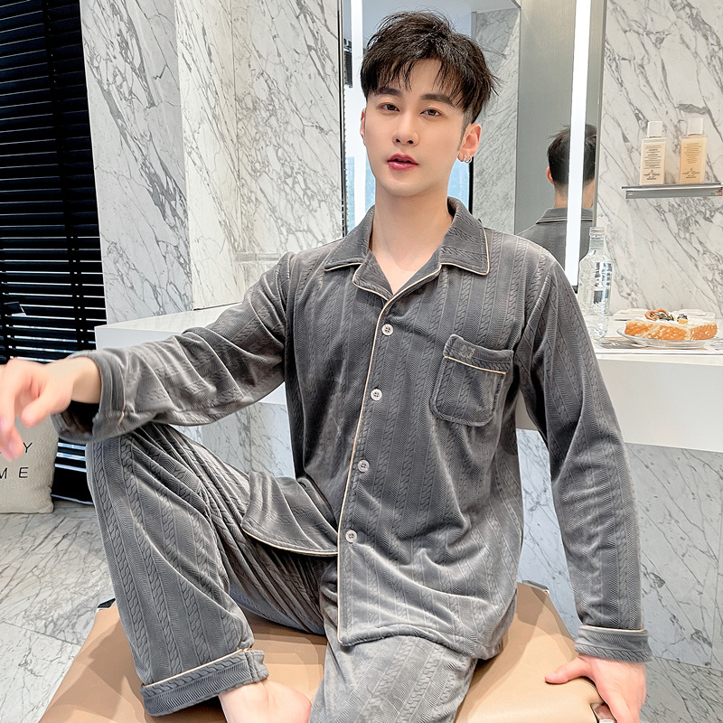 新款提花海岛绒男士家居服套装长袖长裤睡衣家居服情侣睡衣