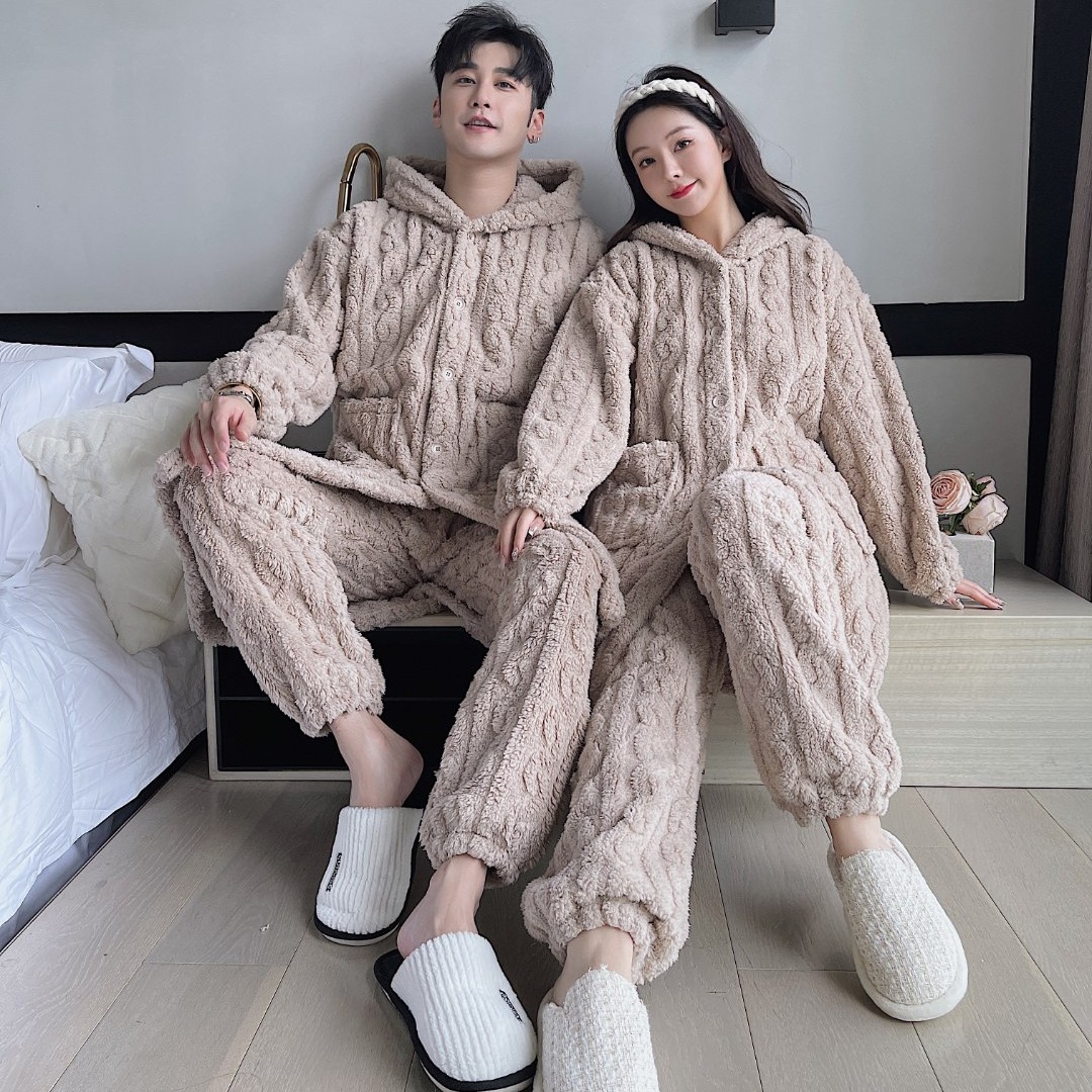 加厚长款舒棉绒睡衣秋冬季睡袍浴袍套装连帽家居服保暖大码韩版