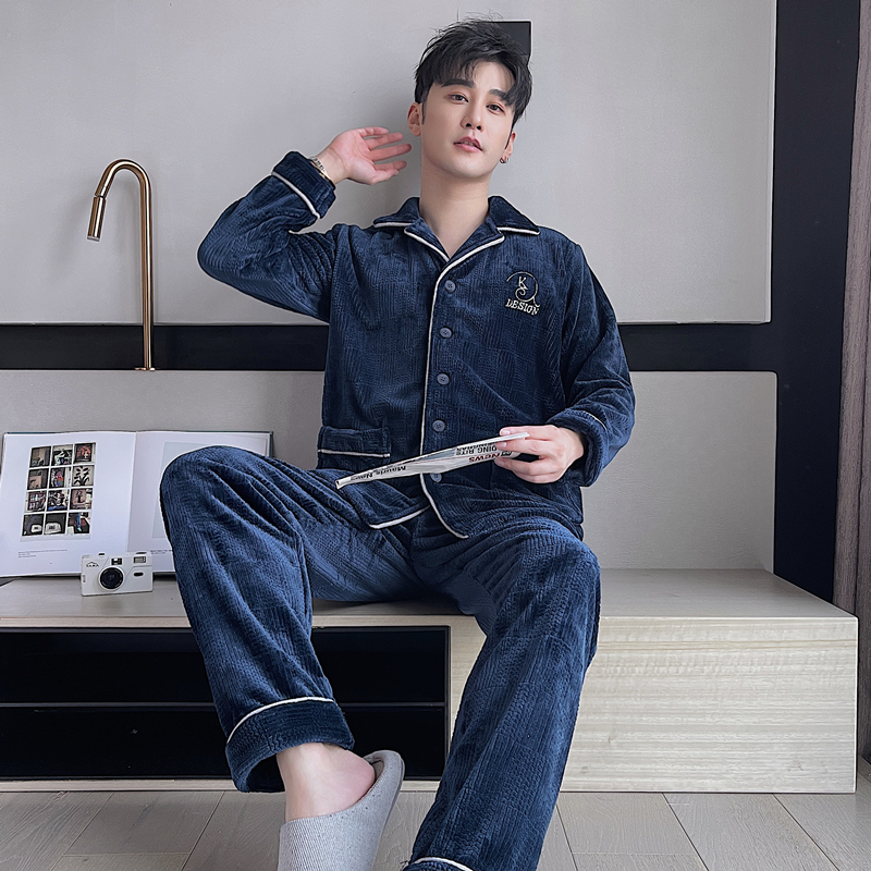 【提花法兰绒】秋冬男士提花法兰绒睡衣加厚珊瑚绒套装保暖家居服