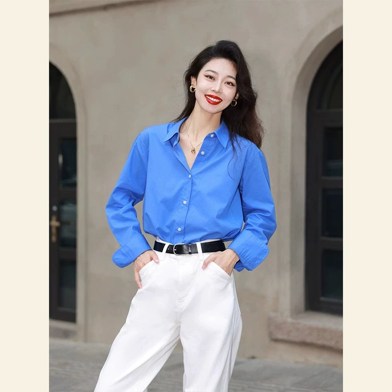 今年流行2024春秋装新款独特别致上衣显瘦气质衬衣克莱因蓝衬衫女