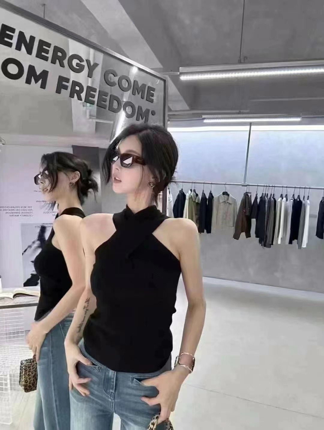 韩系条纹露肩长袖T恤女新款修身显瘦上衣No退No换