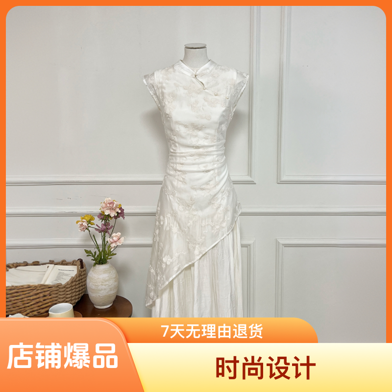 【热卖款】新中式盘扣飞袖优雅气质蕾丝不规则下摆重工连衣裙