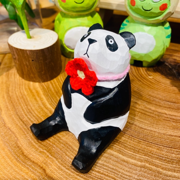 手工木雕花花大熊猫 手机支架  手工雕刻手工绘画 实木摆件