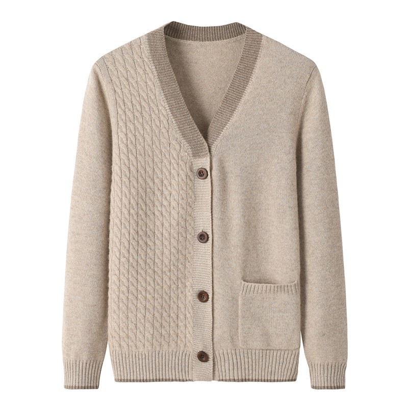 早秋外套宽松大码绞花撞色毛衣气质优雅纯山羊绒外穿羊绒衫女