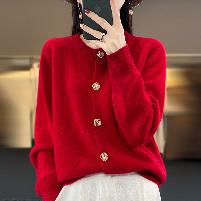 鄂尔多斯市产圆领羊绒开衫女纯羊绒本命年中国红毛衣针织羊毛外套