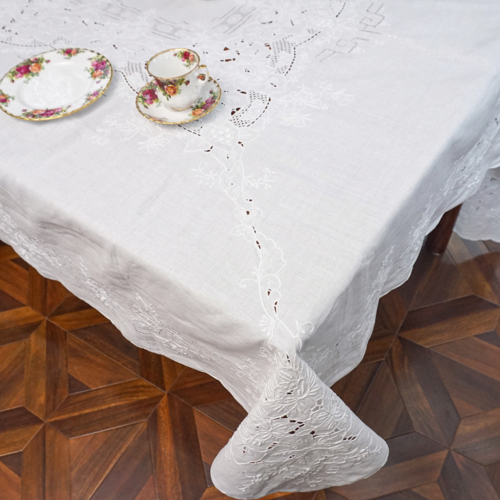 JX7782-1纯亚麻（165*210cm）白色手工垫绣锁绣雕平绣桌布
