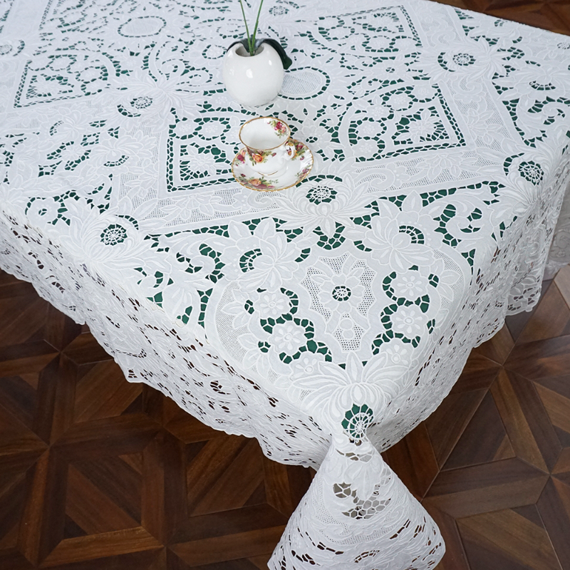 BJ702 纯亚麻（168*208cm）白色手工扎木绣锁绣绕绣雕平绣桌布