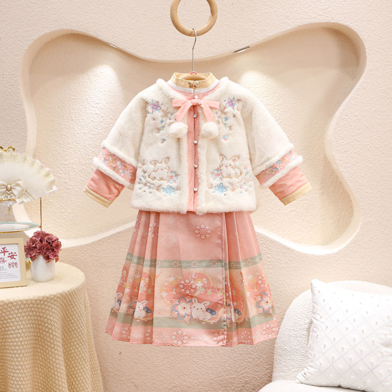 女童冬季汉服2023新款马面裙中国风两件套加绒加厚汉服古风拜年服