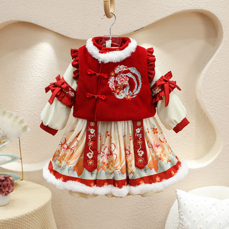 童装女童冬季汉服裙子套装2023儿童洋气加厚加绒中国风宝宝拜年服