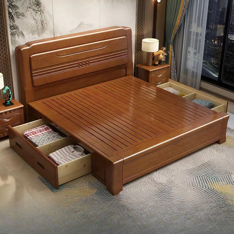 中式实木床双人1.8x2米床1.5米家用单人床储物高箱床出租房用大床