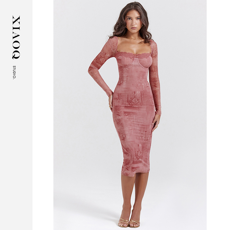 XIAOQ「绯色轮廓」HB原版 2K+法式立体蕾丝方领紧身包臀连衣裙8328