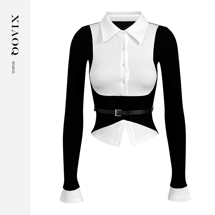 XIAOQ「昼夜拼奏」黑白针织拼接不规则下摆设计腰带修身长袖89802T