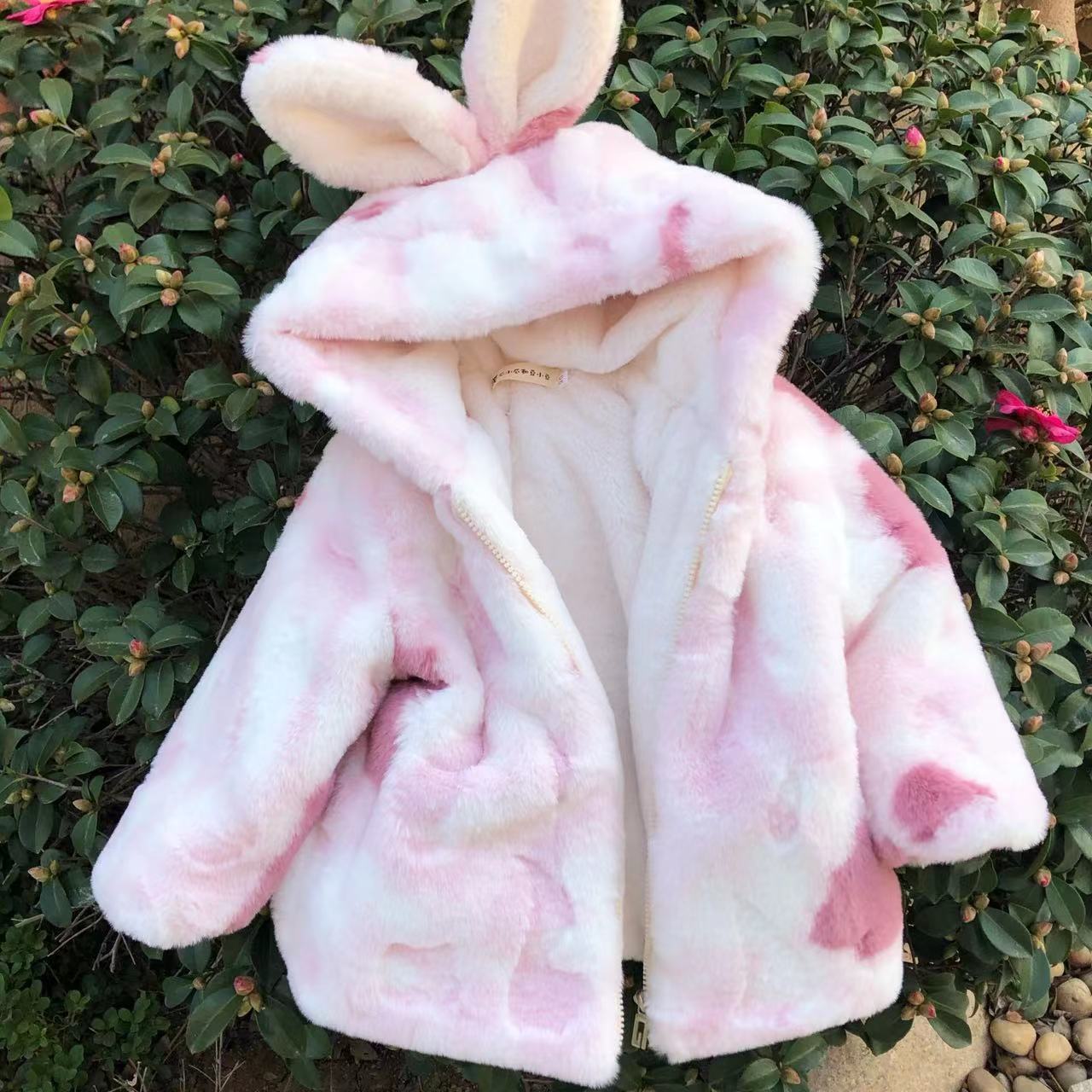 男童女童毛毛衣加绒外套加厚棉衣宝宝连帽中长款可爱兔子耳朵棉袄