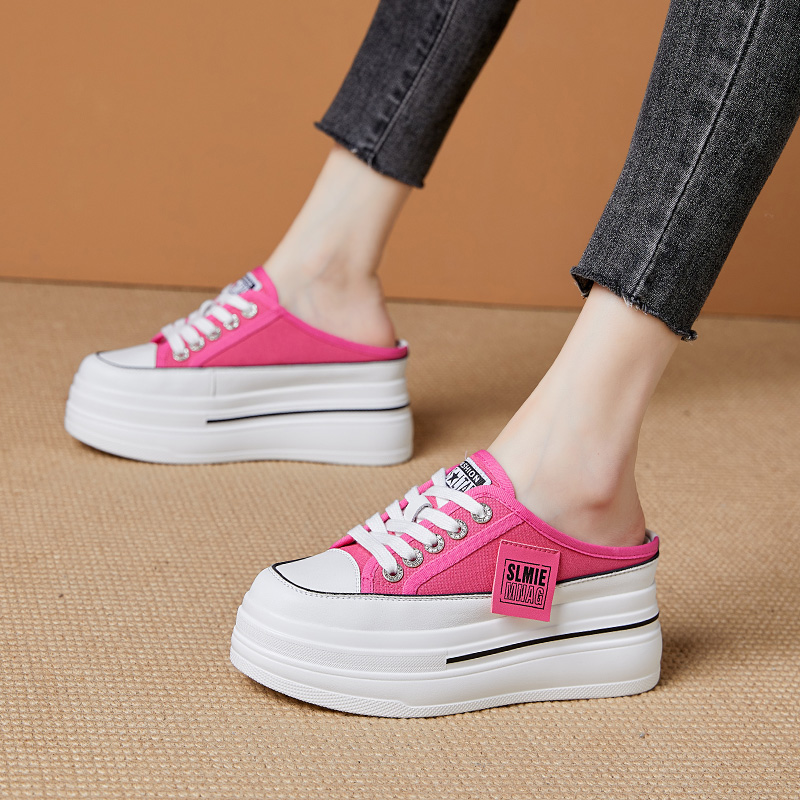 增高7.5cm包头半拖鞋女外穿2024春夏新款网面小白女鞋厚底凉拖鞋