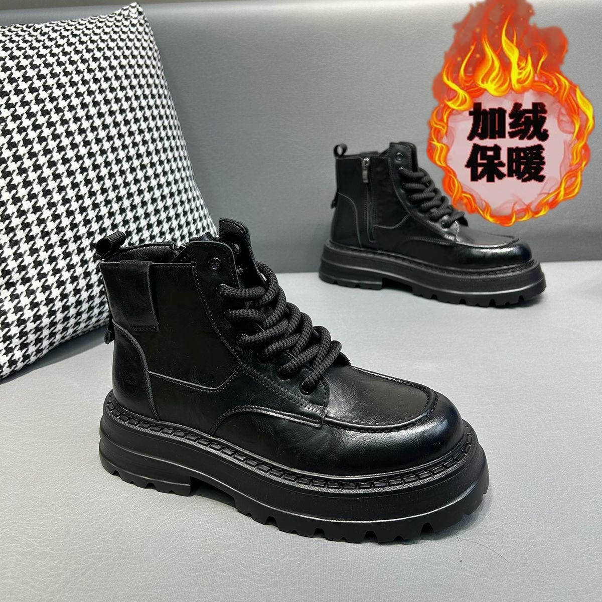 红蜻蜓牌冬季加绒高帮男靴新款保暖休闲工装靴美拉德马丁靴厚底爆