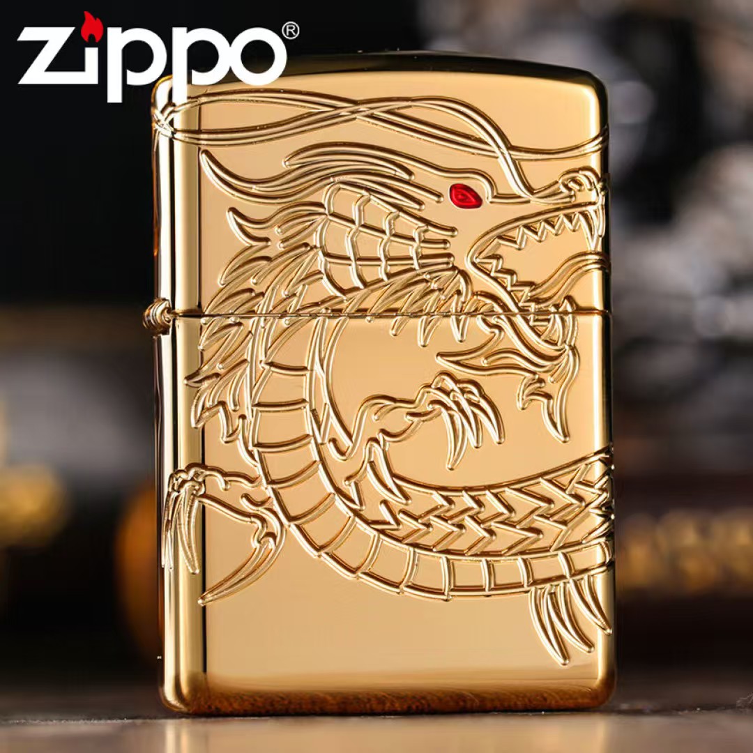 zippo打火机原装金色雕刻龙镜面个性男士经典复古防风打火机立体