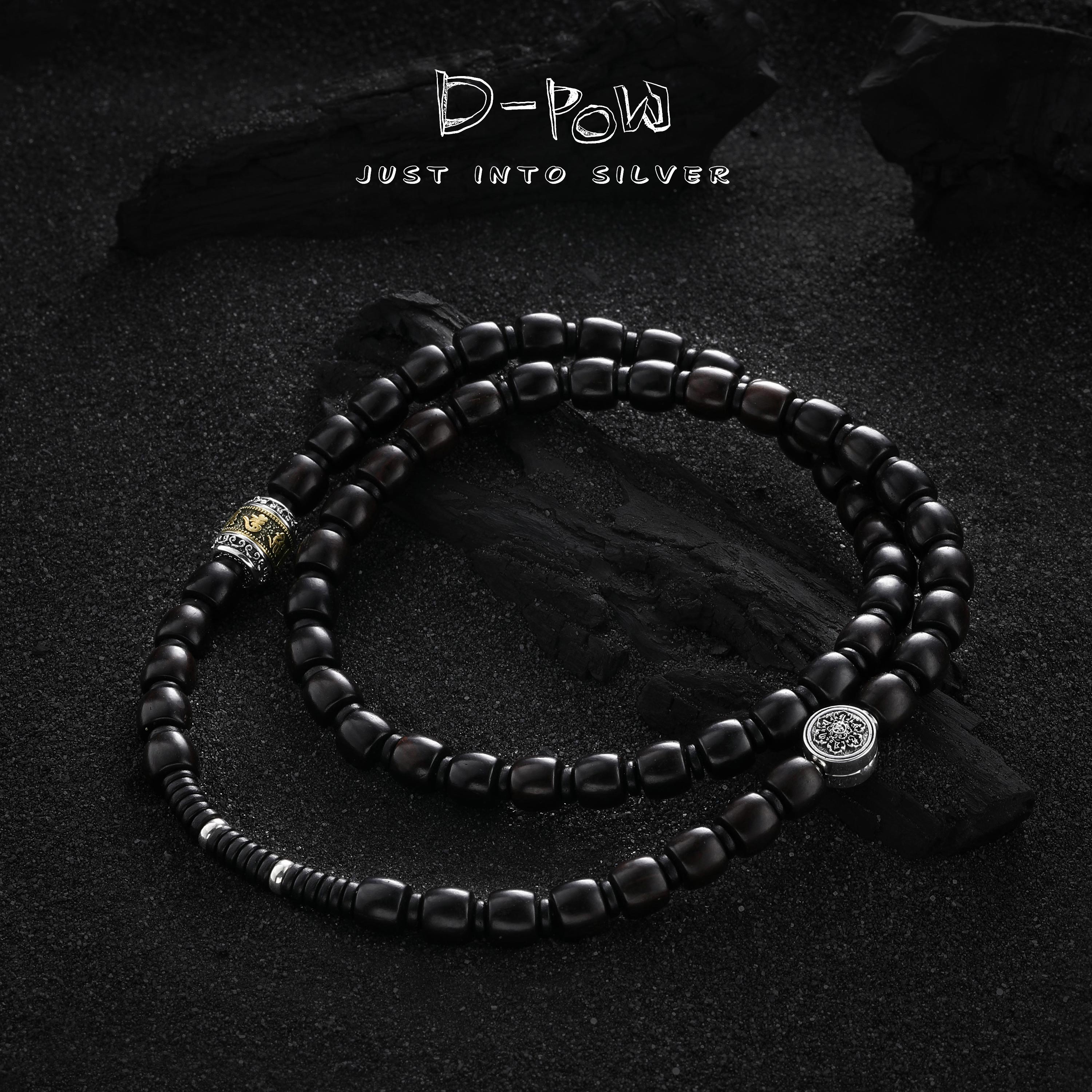 灯小炮 坠链均925银木质 六字轮转印加黑檀多戴手串项链（7098）