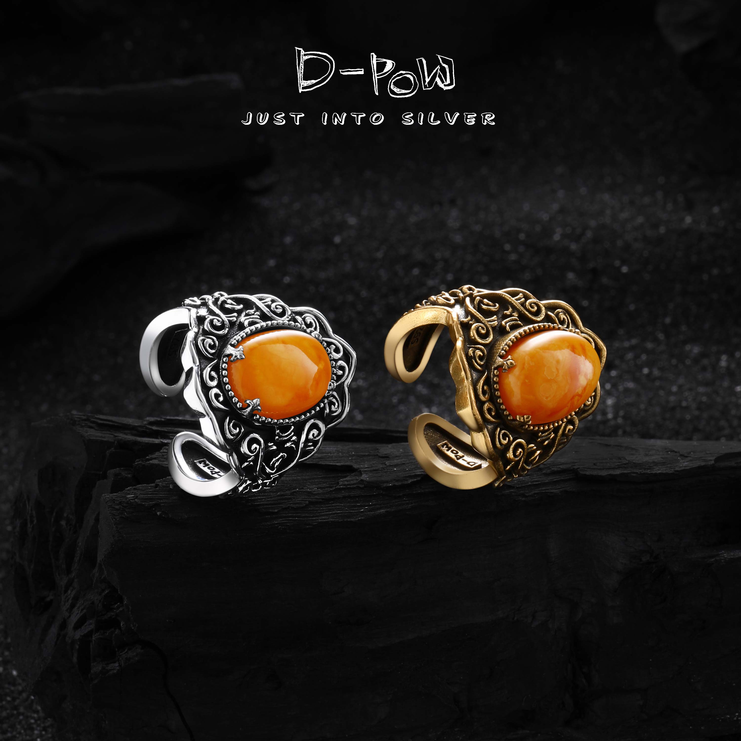 灯小炮 925银树脂戒指 蜜光流年腾纹手工戒指（7916）气质轻奢时尚