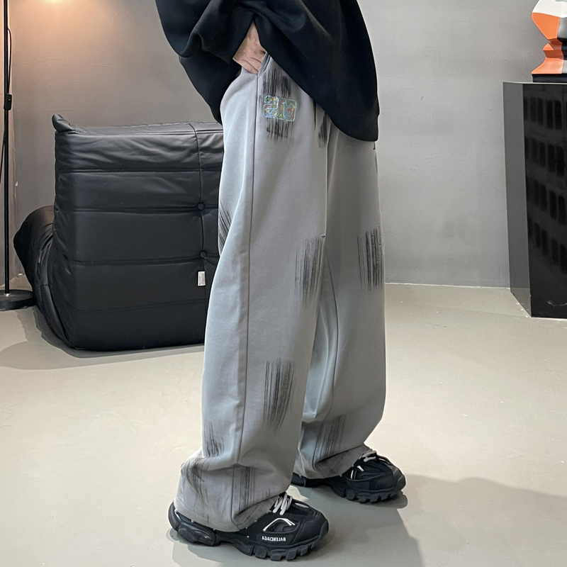 秋冬新款重磅手绘毛圈卫裤男女同款破洞脏脏裤阔腿宽松拖地裤潮牌