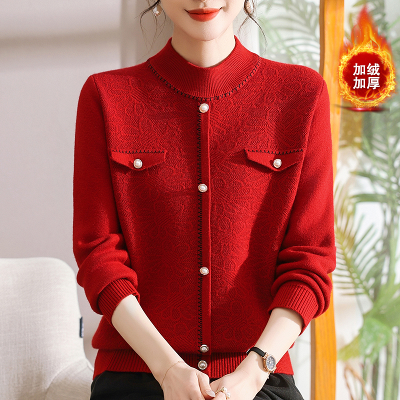 新款冬季加绒加厚时尚妈妈装针织一体绒小香风洋气中年女保暖毛衣