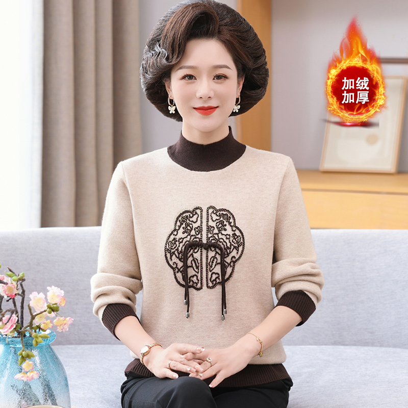 新款冬季加绒加厚国风时尚妈妈装针织一体绒百搭中老年女保暖毛衣
