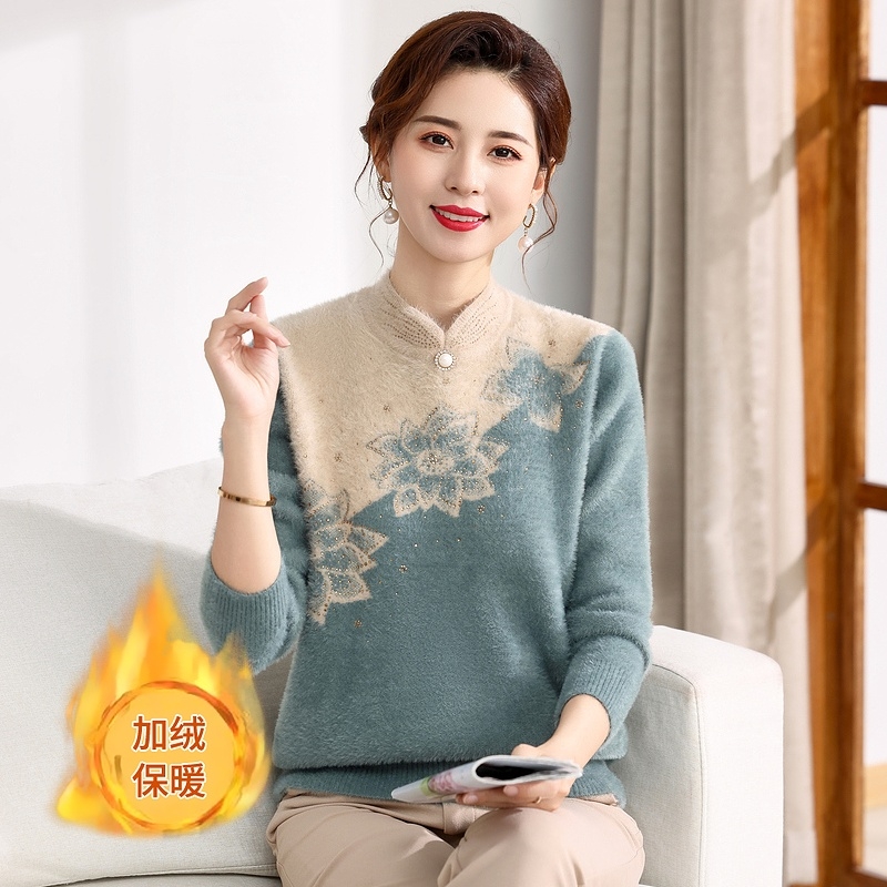 新款冬季加绒加厚时尚妈妈装针织一体绒百搭中年洋气保暖打底毛衫