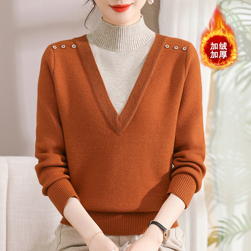 新款冬季加绒加厚时尚妈妈装针织一体绒假两件保暖保暖中年女毛衣