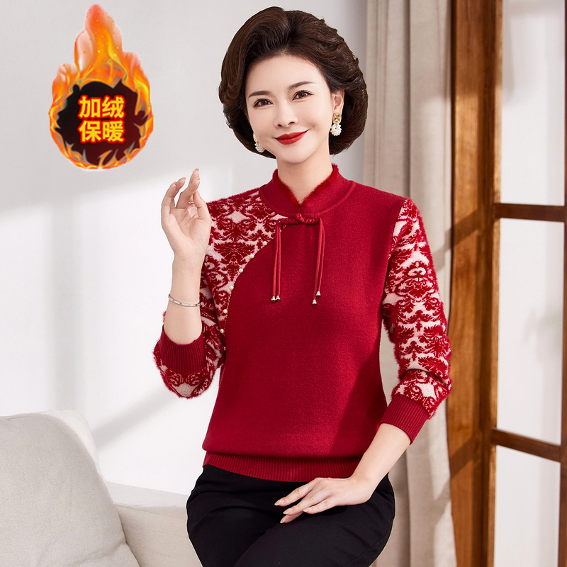 新款冬季加绒加厚时尚妈妈装针织一体绒保暖毛衣百搭中年国风长袖