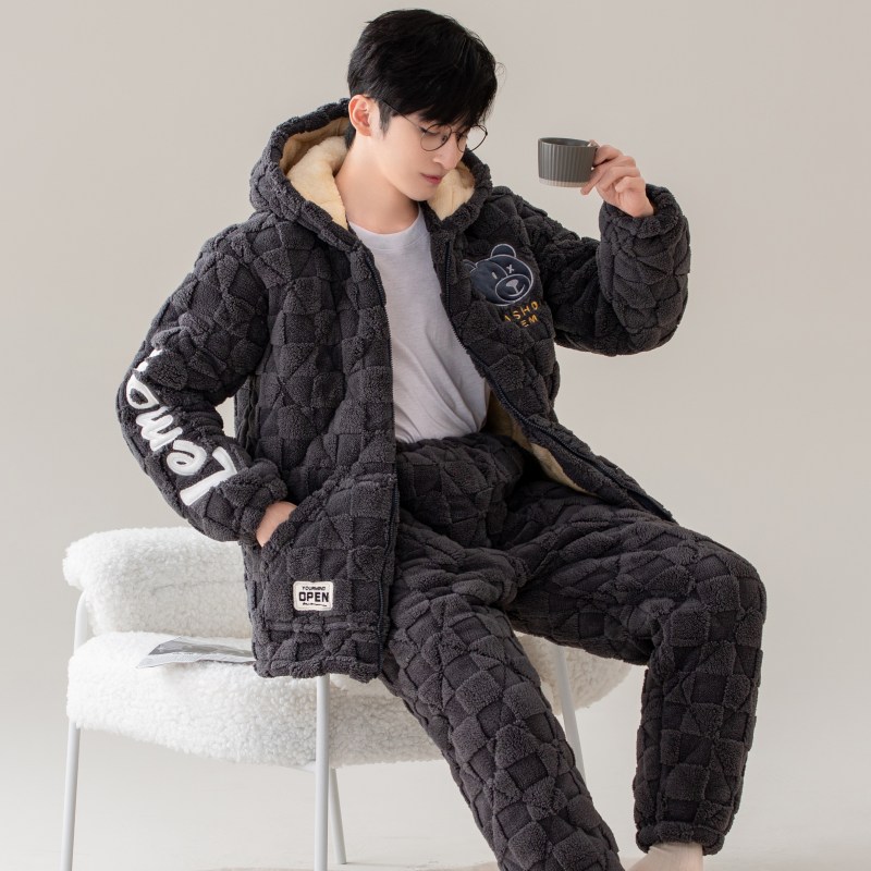 三层夹棉睡衣男士秋冬季保暖珊瑚绒加绒加厚冬天款男式家居服套装