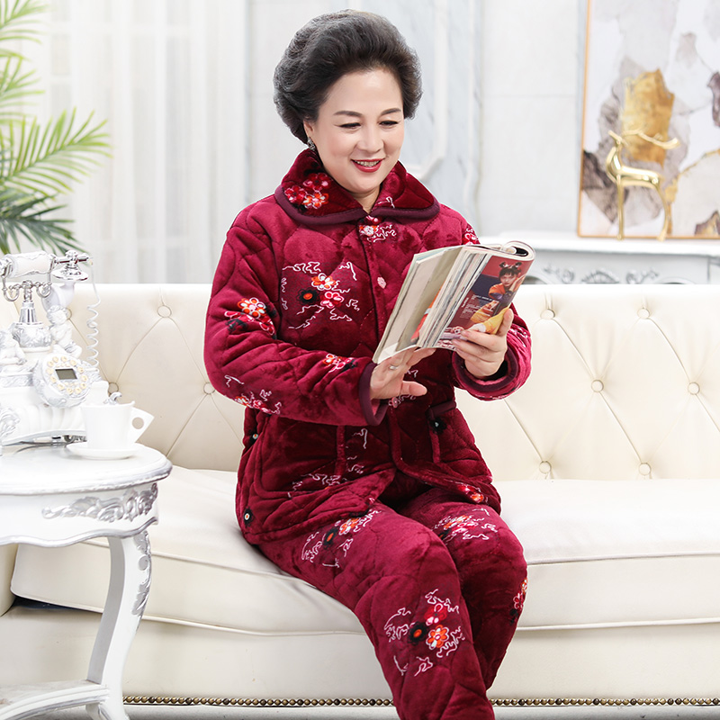 冬季女士三层加厚夹棉袄睡衣中老年女款法兰珊瑚绒夹棉家居服套装