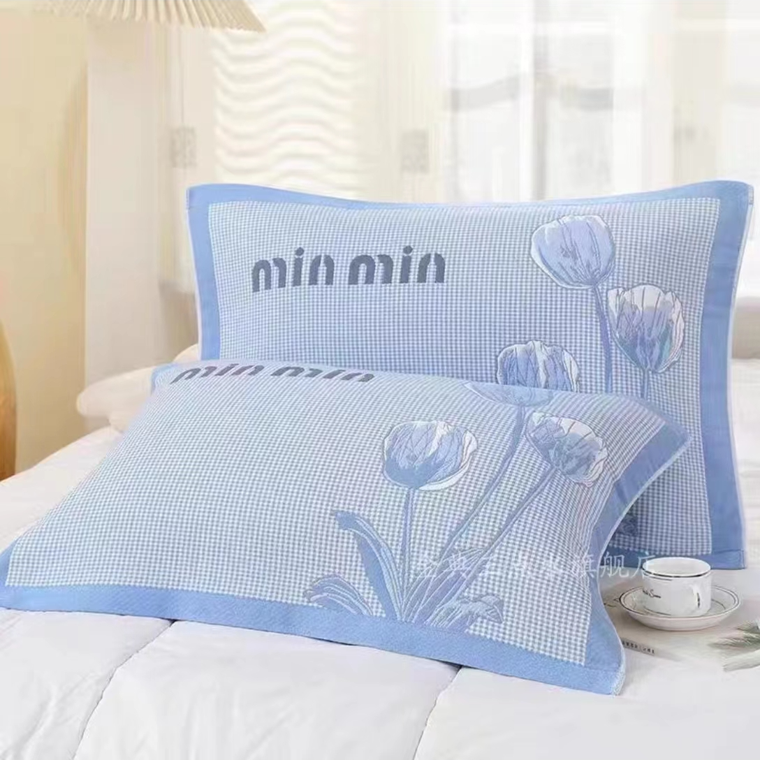 郁金香 蓝色一对  十层 精梳细沙枕巾棉纱布枕巾易洗全棉透气吸汗