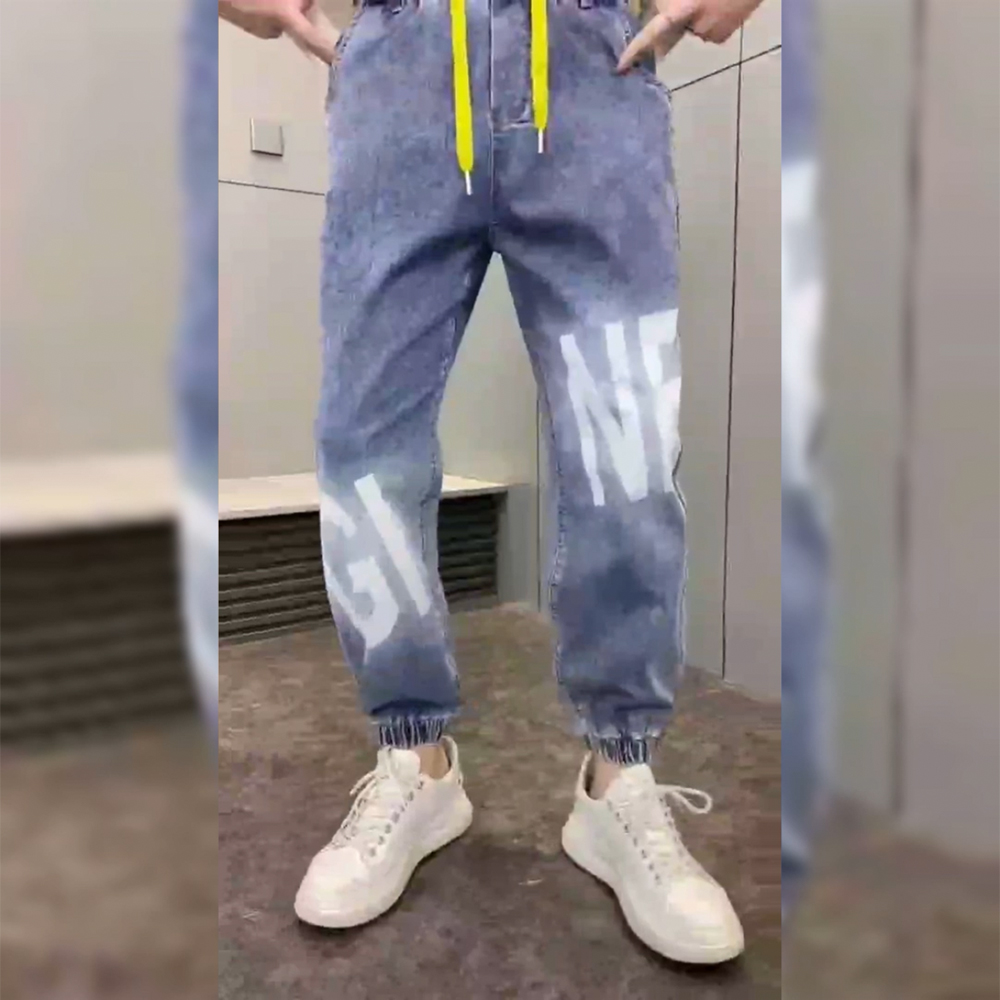 夏季新款字母暗印百搭时尚薄款潮流牛仔裤束脚休闲老爹裤牛仔裤