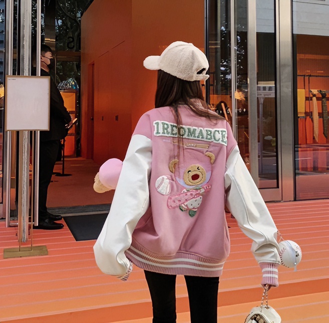 地球店粉色减龄甜酷重工小熊棒球服女春秋新款甜酷美式宽松外套
