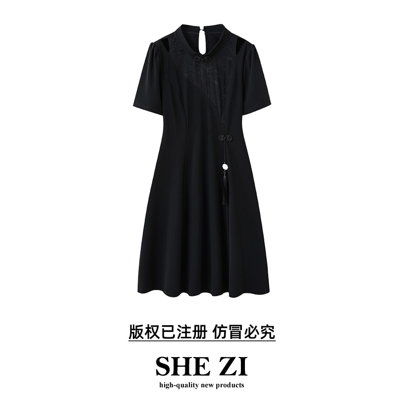 【旧京烟雨】夏季大码女装新款气质立领拼接连衣裙胖妹妹时尚A100