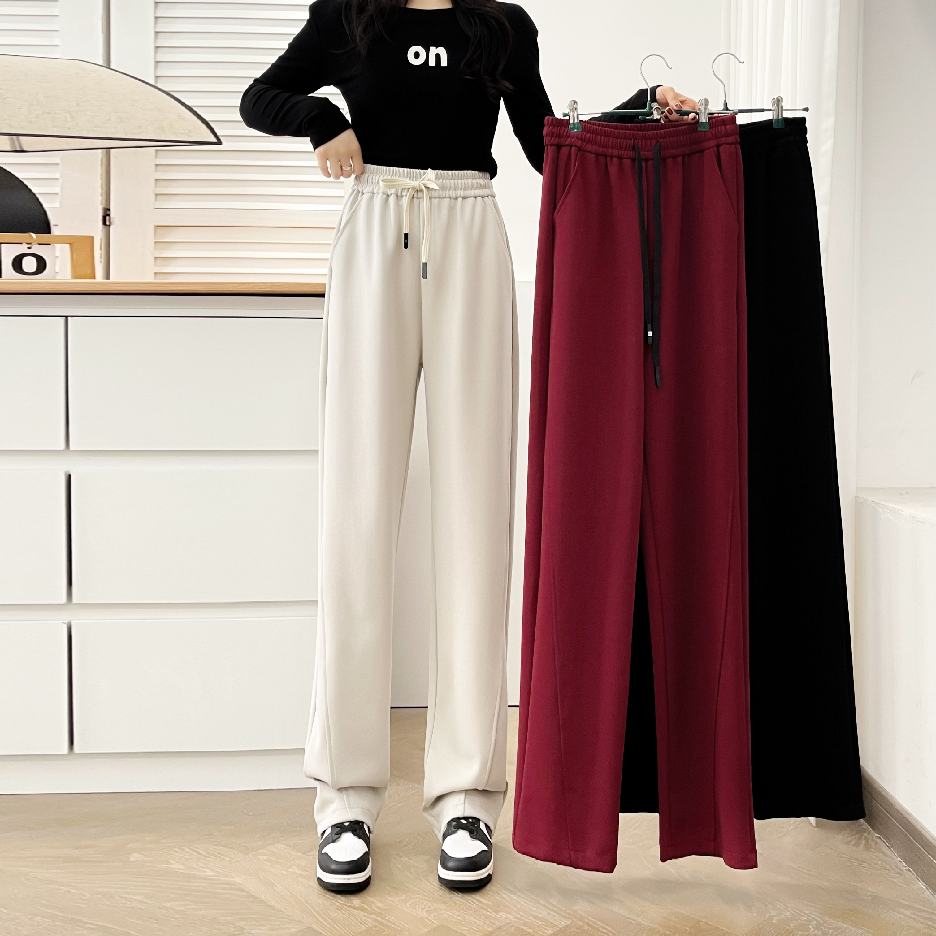 大码胖mm秋冬新款休闲裤100-200斤窄版阔腿裤高腰直筒裤松紧腰