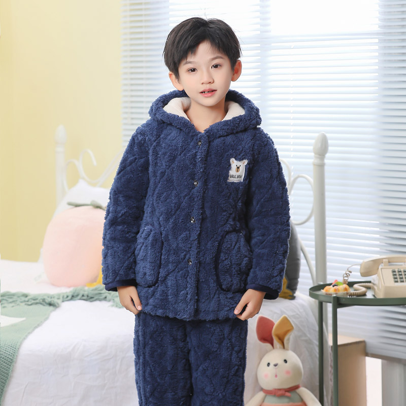 儿童睡衣男童男孩冬季三层夹棉加厚款加绒珊瑚绒冬款法兰绒家居服