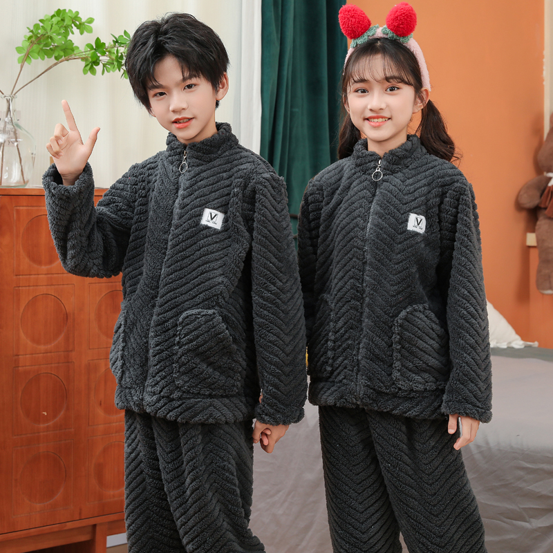 儿童秋冬款睡衣套装女孩加厚法兰绒冬季女童珊瑚绒男童亲子家居服