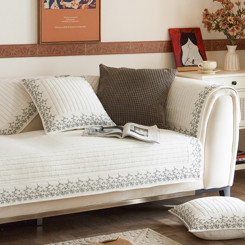 居家好物轻奢奶油风沙发垫子高档刺绣拼边防滑沙发套巾罩四季通用